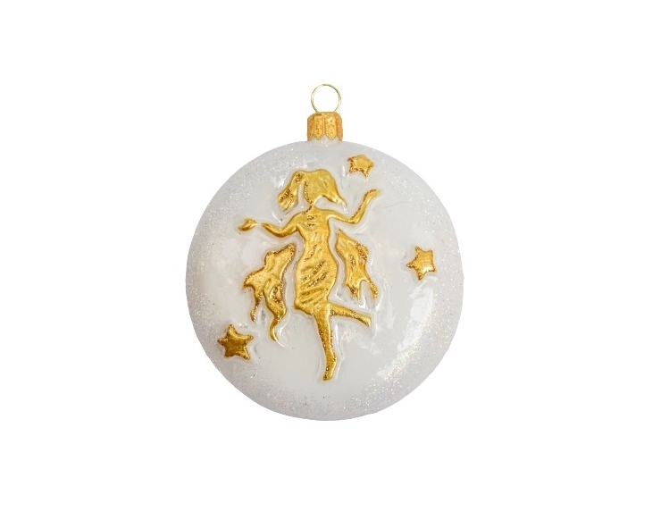 Suspension de Noël blanche et dorée en verre soufflé et décorée à la main signe du zodiac vierge. Diamètre 8cm