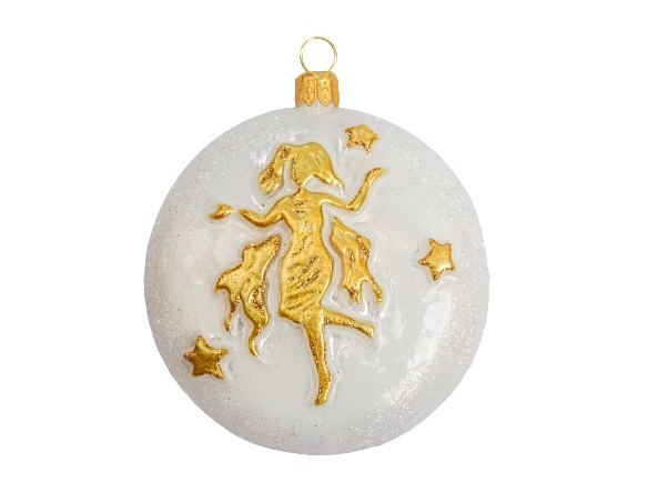 Suspension de Noël blanche et dorée en verre soufflé et décorée à la main signe du zodiac vierge. Diamètre 8cm
