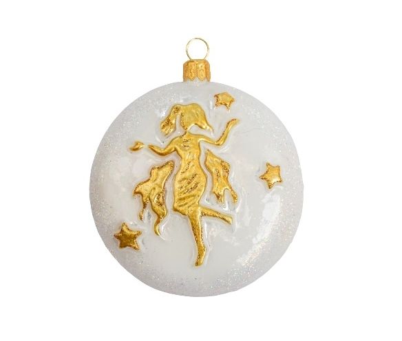 Suspension de Noël blanche et dorée en verre soufflé et décorée à la main signe du zodiac vierge. Diamètre 8cm