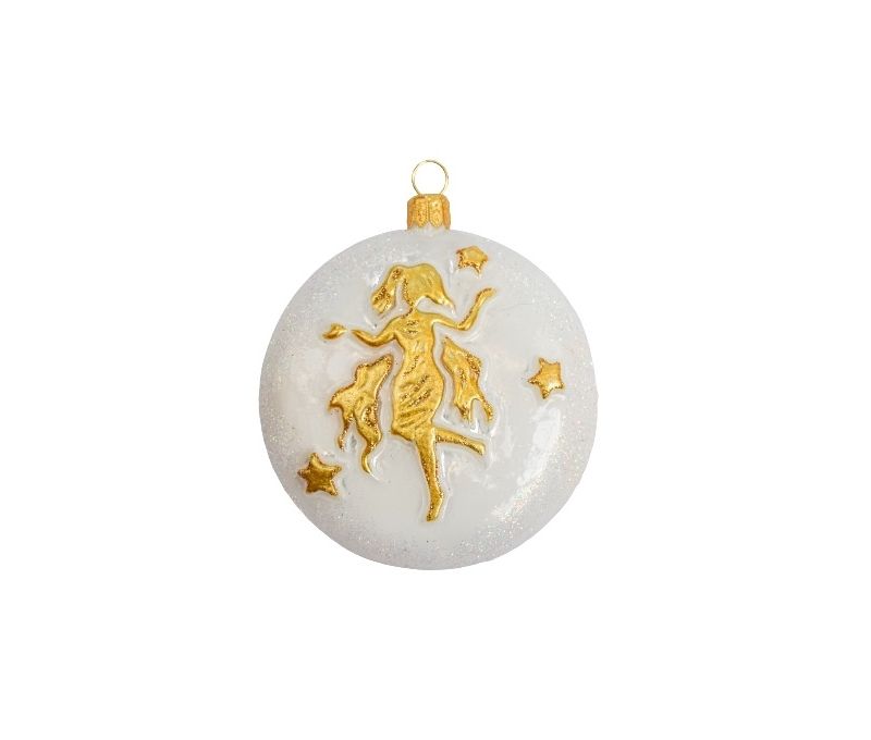 Suspension de Noël blanche et dorée en verre soufflé et décorée à la main signe du zodiac vierge. Diamètre 8cm