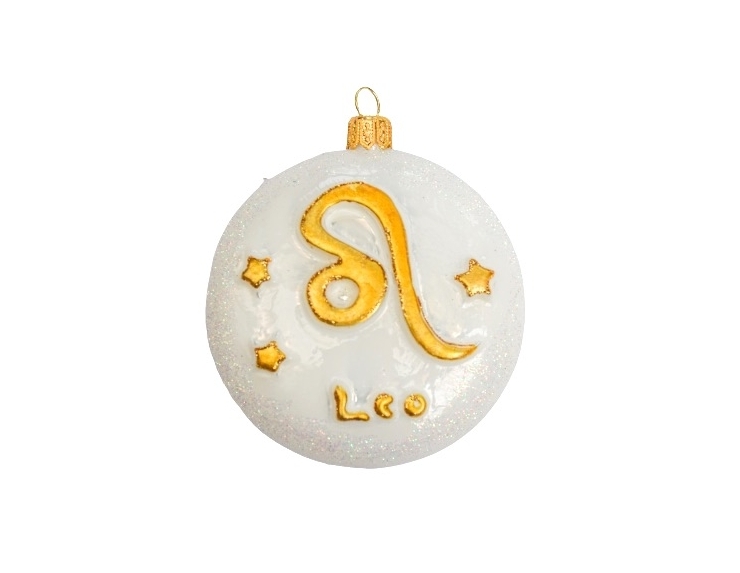 Suspension de Noël blanche et dorée en verre soufflé et décorée à la main signe du zodiac lion. Diamètre 8cm