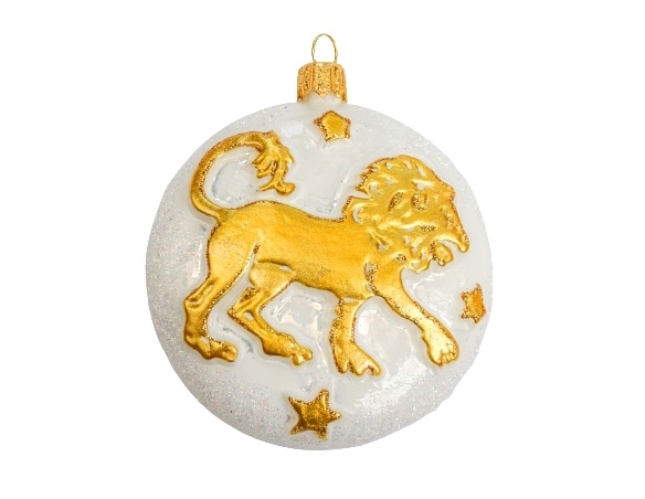 Suspension de Noël blanche et dorée en verre soufflé et décorée à la main signe du zodiac lion. Diamètre 8cm