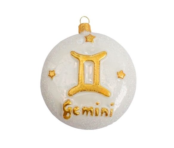 Boule Noël verre soufflé blanche pailletée signe zodiaque gémeaux symbole doré étoiles inscription Gemini D8cm