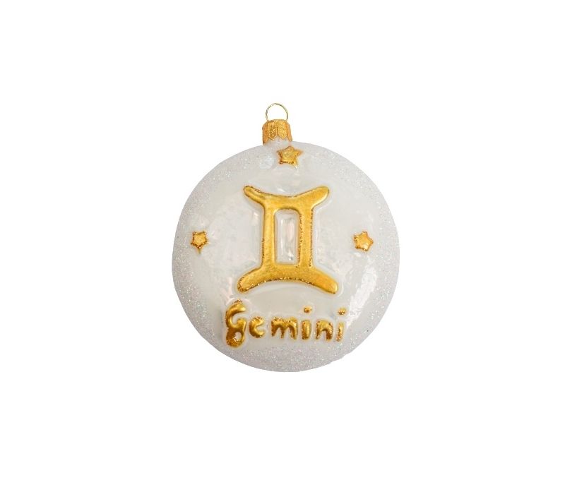 Boule Noël verre soufflé blanche pailletée signe zodiaque gémeaux symbole doré étoiles inscription Gemini D8cm