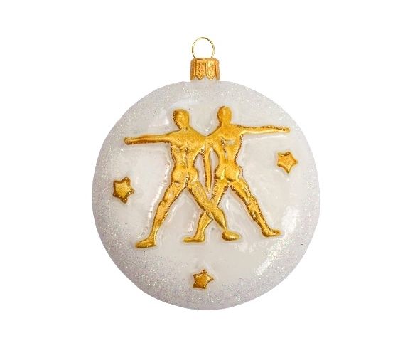 Boule Noël verre soufflé blanche pailletée signe zodiaque gémeaux symbole doré étoiles inscription Gemini D8cm