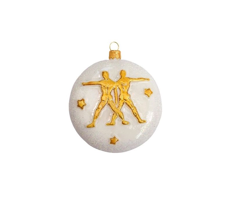 Boule Noël verre soufflé blanche pailletée signe zodiaque gémeaux symbole doré étoiles inscription Gemini D8cm
