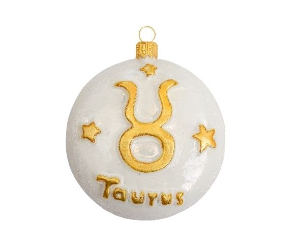 Boule Noël verre soufflé blanche pailletée signe zodiaque taureau symbole doré étoiles inscription Taurus D8cm