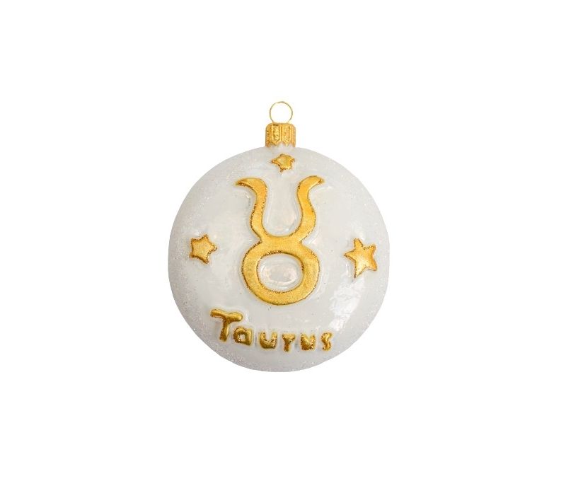 Boule Noël verre soufflé blanche pailletée signe zodiaque taureau symbole doré étoiles inscription Taurus D8cm