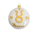 Voir la slide Boule Noël verre soufflé blanche pailletée signe zodiaque taureau symbole doré étoiles inscription Taurus D8cm