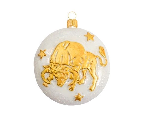 Boule Noël verre soufflé blanche pailletée signe zodiaque taureau symbole doré étoiles inscription Taurus D8cm