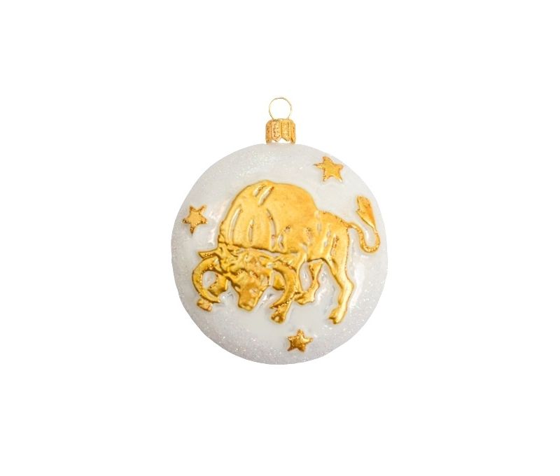 Boule Noël verre soufflé blanche pailletée signe zodiaque taureau symbole doré étoiles inscription Taurus D8cm