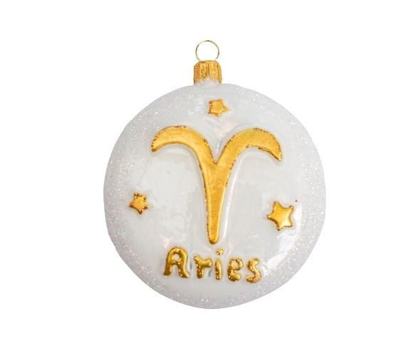 Boule Noël verre soufflé blanche pailletée signe zodiaque bélier symbole doré étoiles inscription Aries D8cm