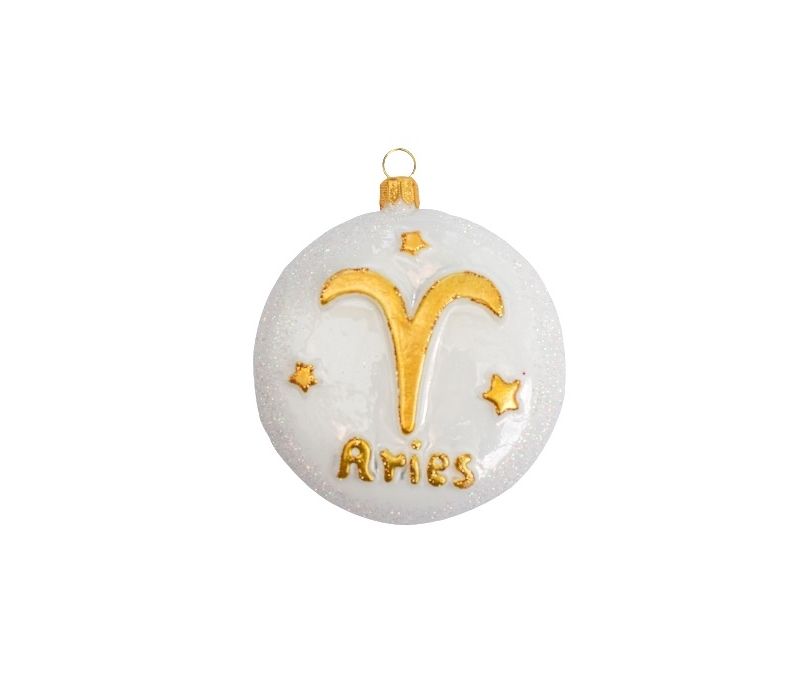 Boule Noël verre soufflé blanche pailletée signe zodiaque bélier symbole doré étoiles inscription Aries D8cm