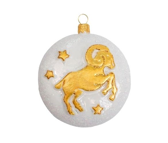 Boule Noël verre soufflé blanche pailletée signe zodiaque bélier symbole doré étoiles inscription Aries D8cm