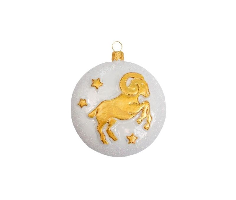 Boule Noël verre soufflé blanche pailletée signe zodiaque bélier symbole doré étoiles inscription Aries D8cm