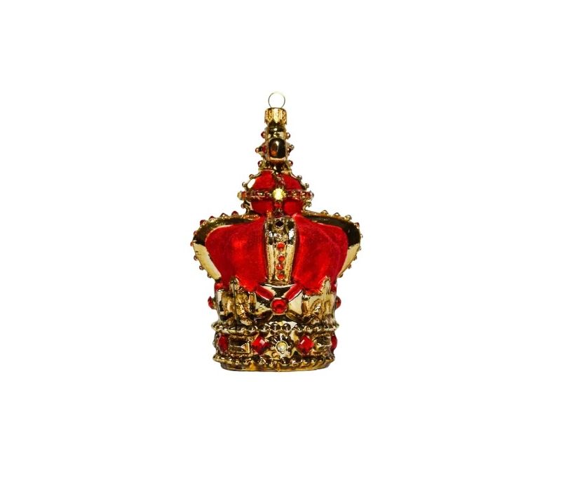 Suspension Noël verre soufflé couronne royale rouge dorée texture velours strass H17cm
