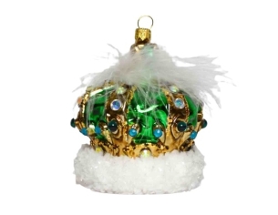 Suspension Noël verre soufflé couronne royale vert éclatant doré strass turquoise plumes blanches socle neige pailletée H11cm
