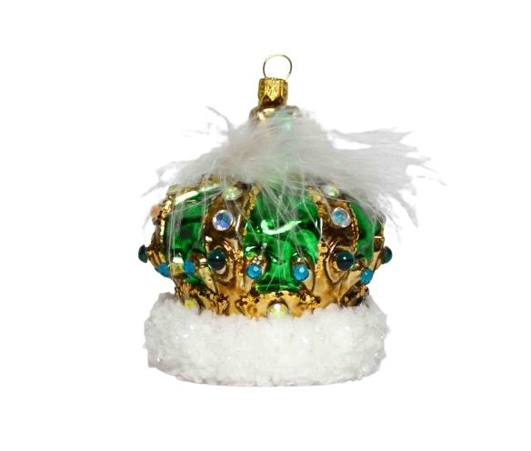 Suspension Noël verre soufflé couronne royale vert éclatant doré strass turquoise plumes blanches socle neige pailletée H11cm