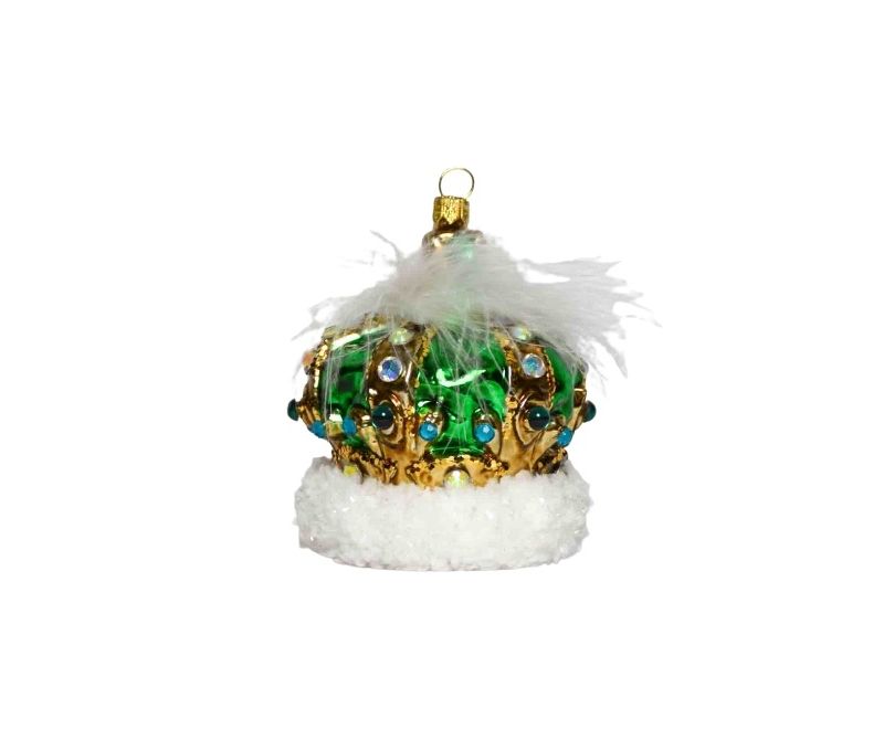 Suspension Noël verre soufflé couronne royale vert éclatant doré strass turquoise plumes blanches socle neige pailletée H11cm