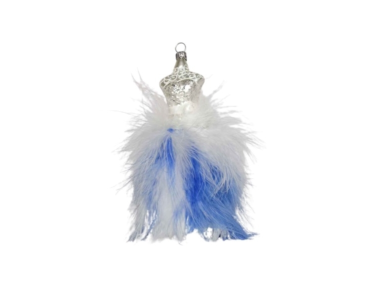 Boule de Noël en verre soufflé et décorée à la main en forme de robe bustier bleue et blanche avec des vraies plumes.