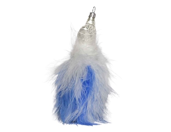Boule de Noël en verre soufflé et décorée à la main en forme de robe bustier bleue et blanche avec des vraies plumes.