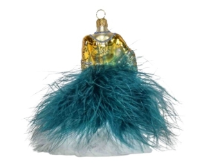 Boule de Noël en forme de robe, bustier doré et jupon en plumes bleu pétrole et blanche. verre soufflé. Hauteur 13cm