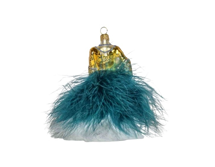 Boule de Noël en forme de robe, bustier doré et jupon en plumes bleu pétrole et blanche. verre soufflé. Hauteur 13cm