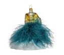 Voir la slide Boule de Noël en forme de robe, bustier doré et jupon en plumes bleu pétrole et blanche. verre soufflé. Hauteur 13cm