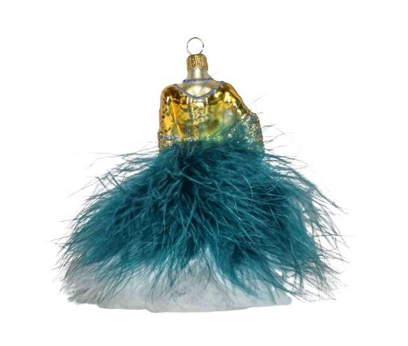 Boule de Noël en forme de robe, bustier doré et jupon en plumes bleu pétrole et blanche. verre soufflé. Hauteur 13cm