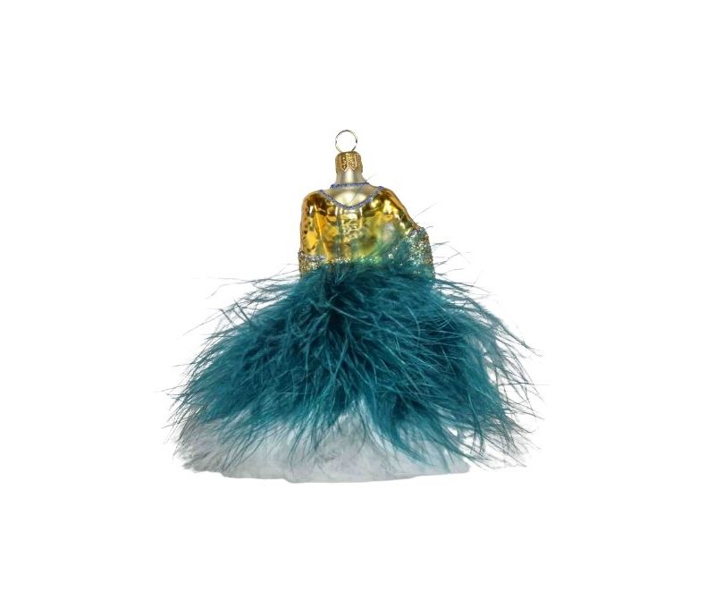 Boule de Noël en forme de robe, bustier doré et jupon en plumes bleu pétrole et blanche. verre soufflé. Hauteur 13cm