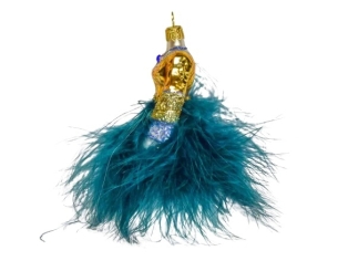Boule de Noël en forme de robe, bustier doré et jupon en plumes bleu pétrole et blanche. verre soufflé. Hauteur 13cm
