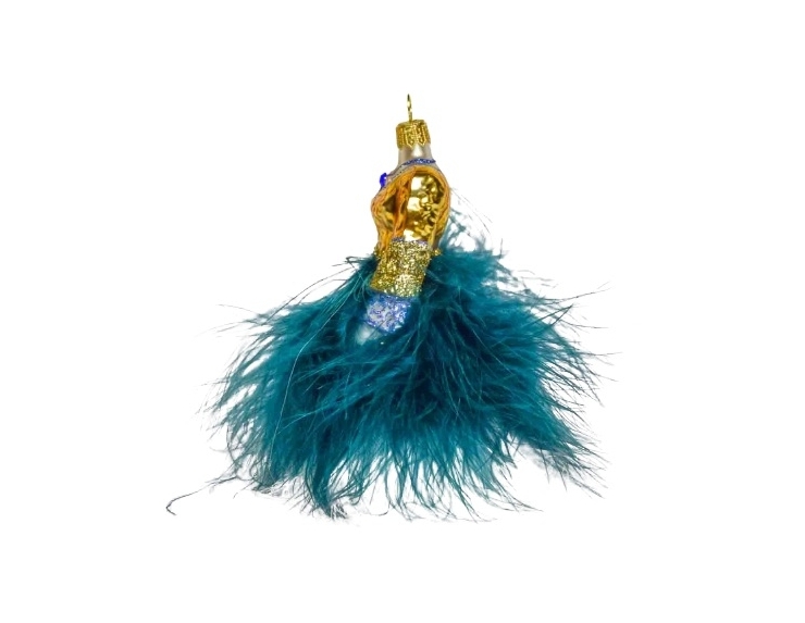 Boule de Noël en forme de robe, bustier doré et jupon en plumes bleu pétrole et blanche. verre soufflé. Hauteur 13cm