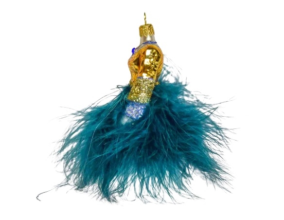 Boule de Noël en forme de robe, bustier doré et jupon en plumes bleu pétrole et blanche. verre soufflé. Hauteur 13cm