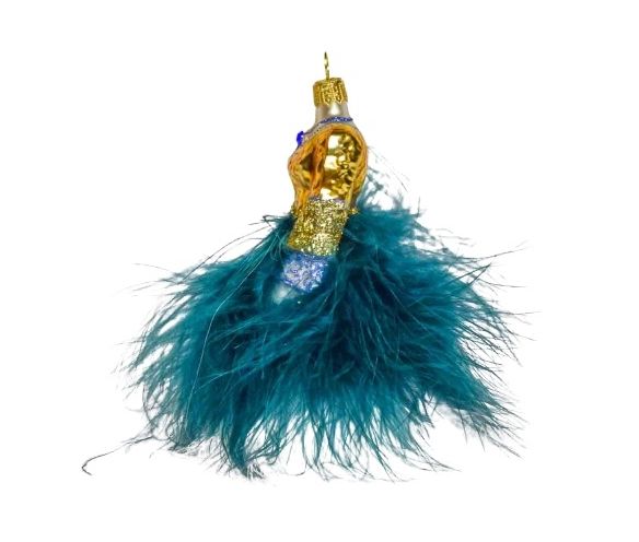 Boule de Noël en forme de robe, bustier doré et jupon en plumes bleu pétrole et blanche. verre soufflé. Hauteur 13cm