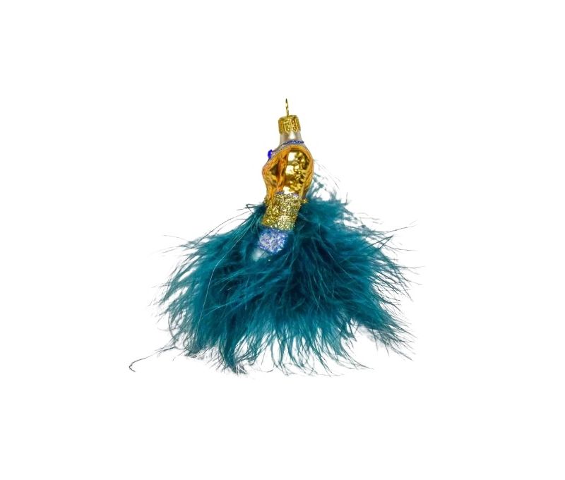 Boule de Noël en forme de robe, bustier doré et jupon en plumes bleu pétrole et blanche. verre soufflé. Hauteur 13cm