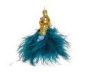 Voir la slide Boule de Noël en forme de robe, bustier doré et jupon en plumes bleu pétrole et blanche. verre soufflé. Hauteur 13cm