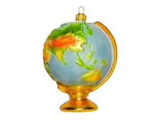 Globe terrestre en verre soufflé décoré main bleu, doré, vert et jaune. Hauteur 14cm