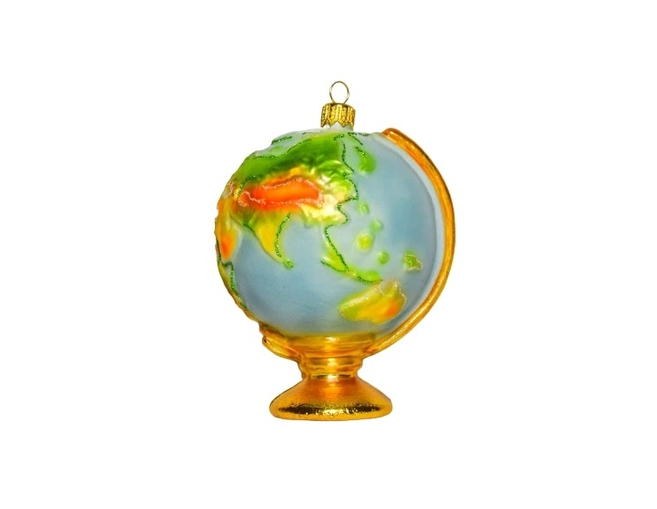 Globe terrestre en verre soufflé décoré main bleu, doré, vert et jaune. Hauteur 14cm