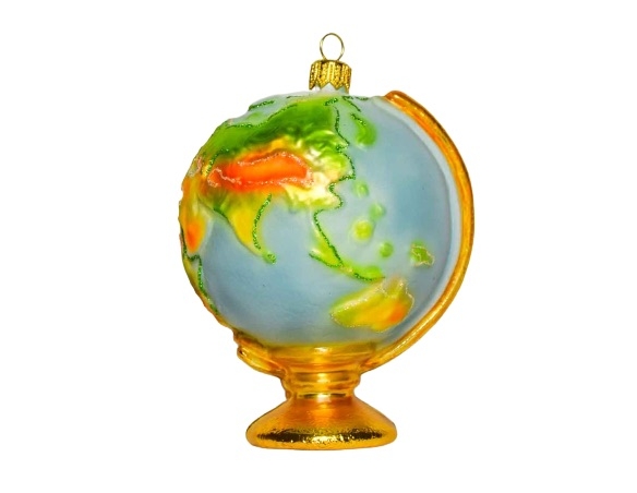 Globe terrestre en verre soufflé décoré main bleu, doré, vert et jaune. Hauteur 14cm