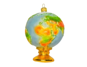 Globe terrestre en verre soufflé décoré main bleu, doré, vert et jaune. Hauteur 14cm Globe terrestre en verre soufflé décoré main bleu, doré, vert et jaune. Hauteur 14cm