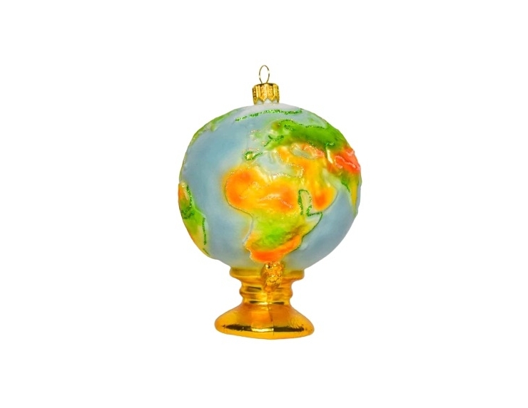 Globe terrestre en verre soufflé décoré main bleu, doré, vert et jaune. Hauteur 14cm Globe terrestre en verre soufflé décoré main bleu, doré, vert et jaune. Hauteur 14cm