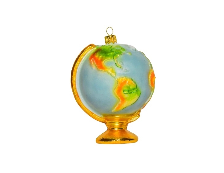 Globe terrestre en verre soufflé décoré main bleu, doré, vert et jaune. Hauteur 14cm Globe terrestre en verre soufflé décoré main bleu, doré, vert et jaune. Hauteur 14cm