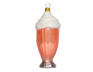 Boule Noël en verre forme milkshake rose avec crème blanche. Décoré main. 12cm