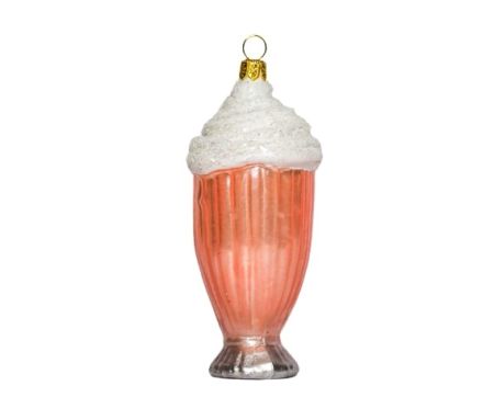 Boule Noël en verre forme milkshake rose avec crème blanche. Décoré main. 12cm