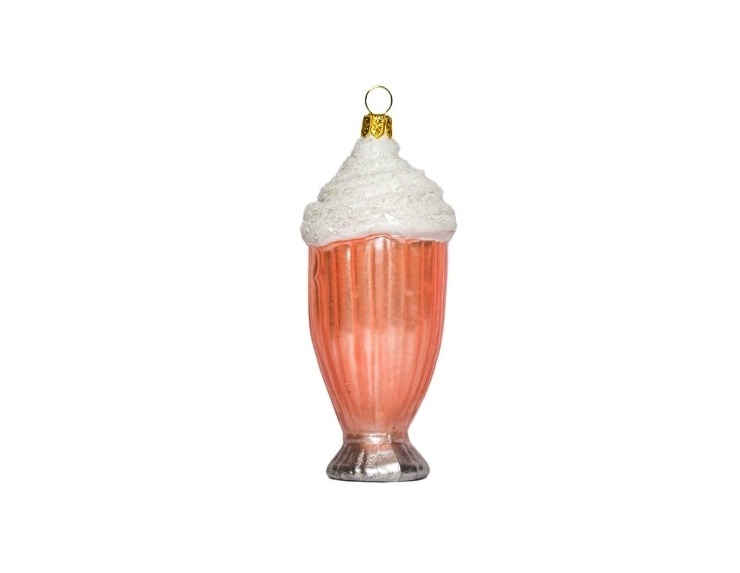 Boule Noël en verre forme milkshake rose avec crème blanche. Décoré main. 12cm