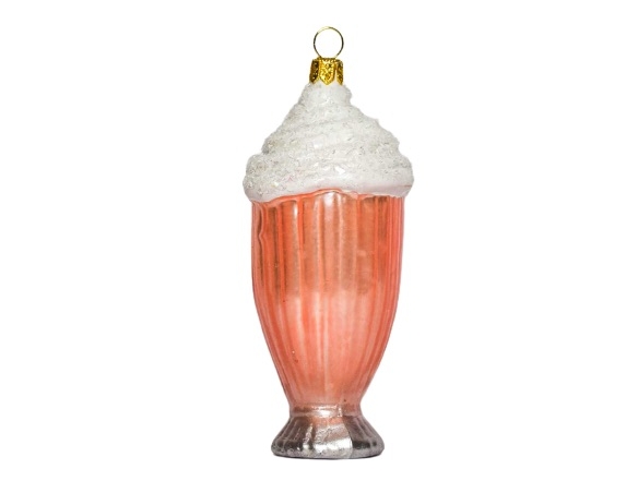 Boule Noël en verre forme milkshake rose avec crème blanche. Décoré main. 12cm