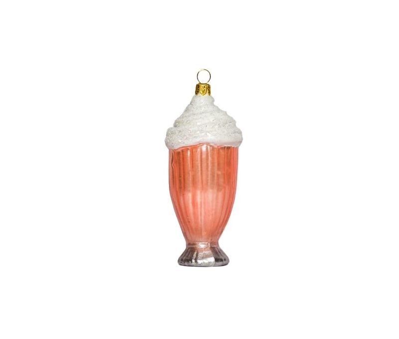 Boule Noël en verre forme milkshake rose avec crème blanche. Décoré main. 12cm