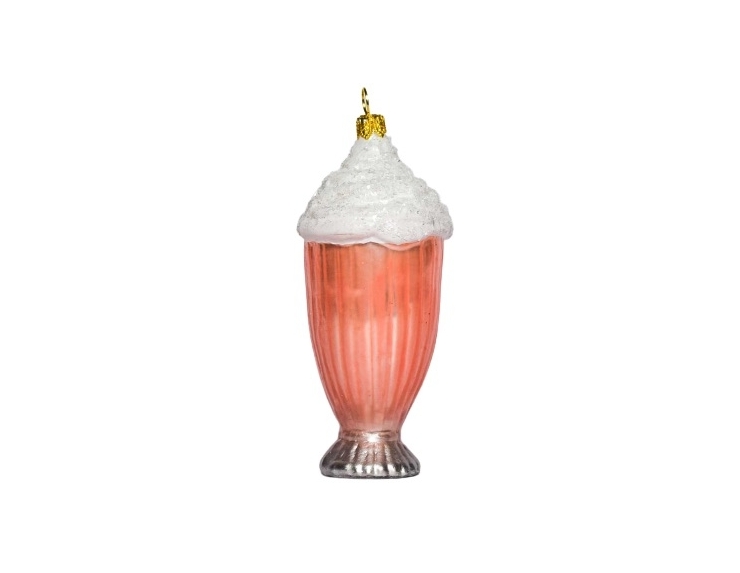 Boule Noël en verre forme milkshake rose avec crème blanche. Décoré main. 12cm