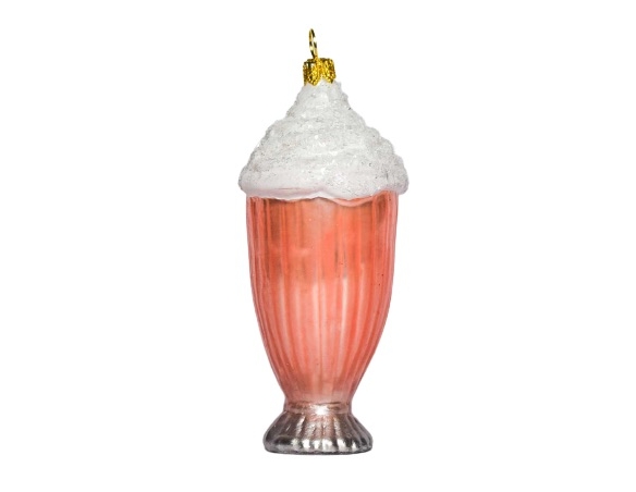 Boule Noël en verre forme milkshake rose avec crème blanche. Décoré main. 12cm