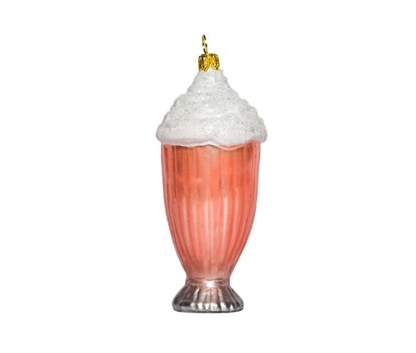 Boule Noël en verre forme milkshake rose avec crème blanche. Décoré main. 12cm